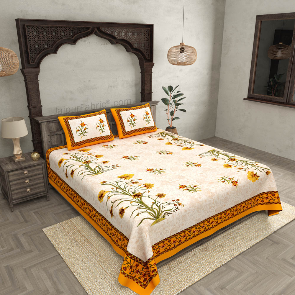 Yellow Border Tropical keri Design Cotton Double Bed Sheet