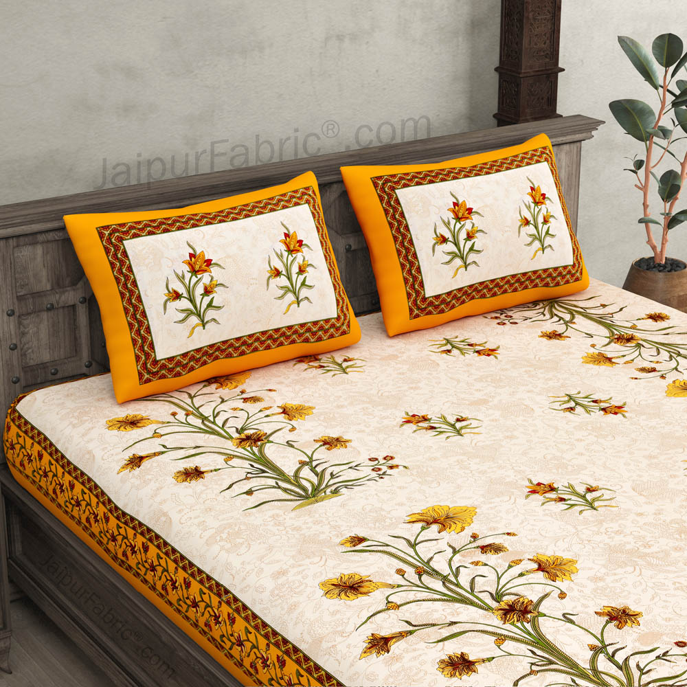 Yellow Border Tropical keri Design Cotton Double Bed Sheet