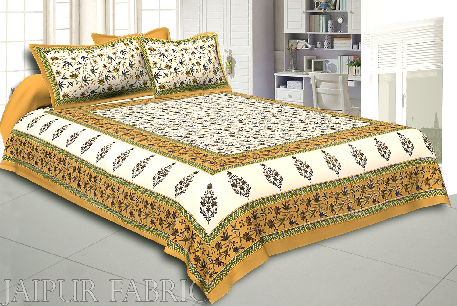 Brown Border Cream Base Floral Print Cotton Double Bedsheet