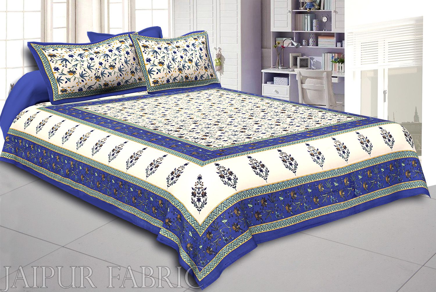 Blue Border Cream Base Floral Print Cotton Double Bedsheet