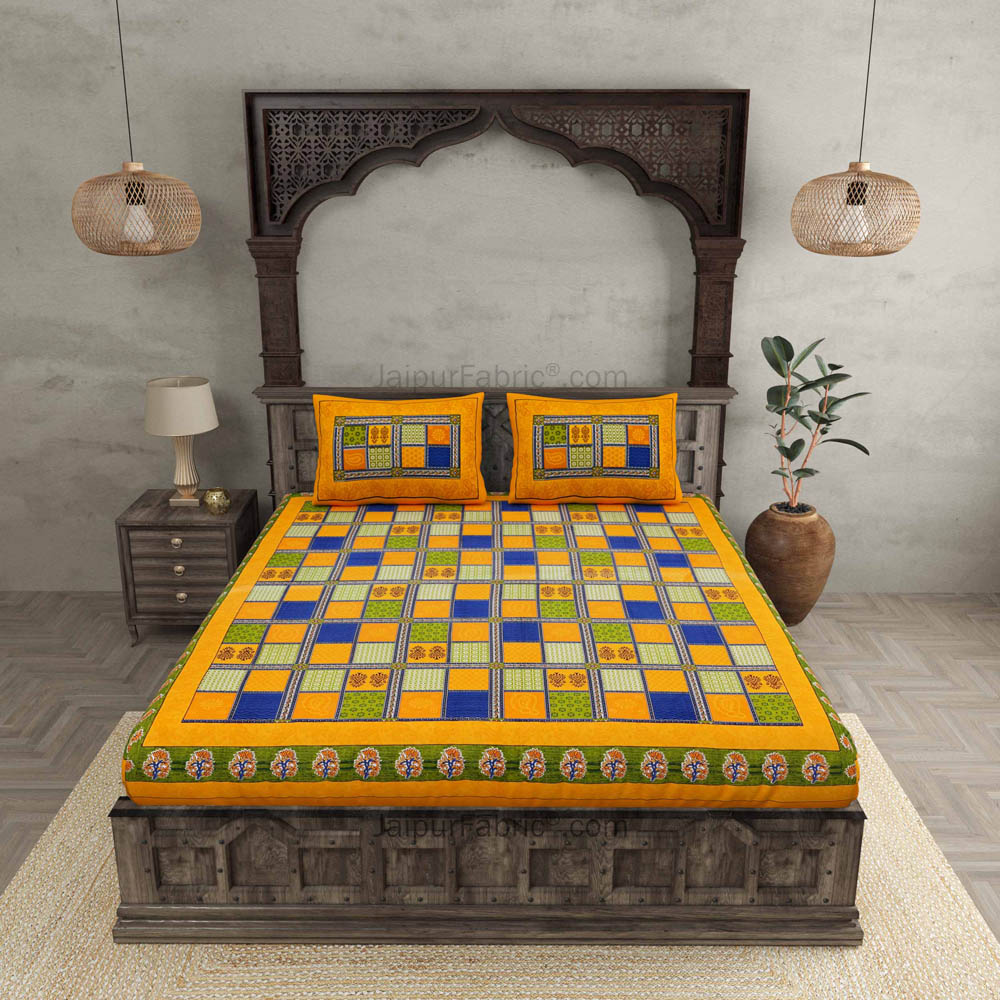 Yellow Border Multi Colour Checkered Super fine Coton Double Bedsheet