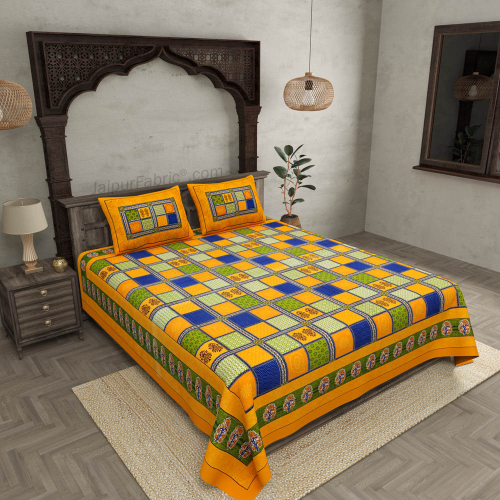 Yellow Border Multi Colour Checkered Super fine Coton Double Bedsheet