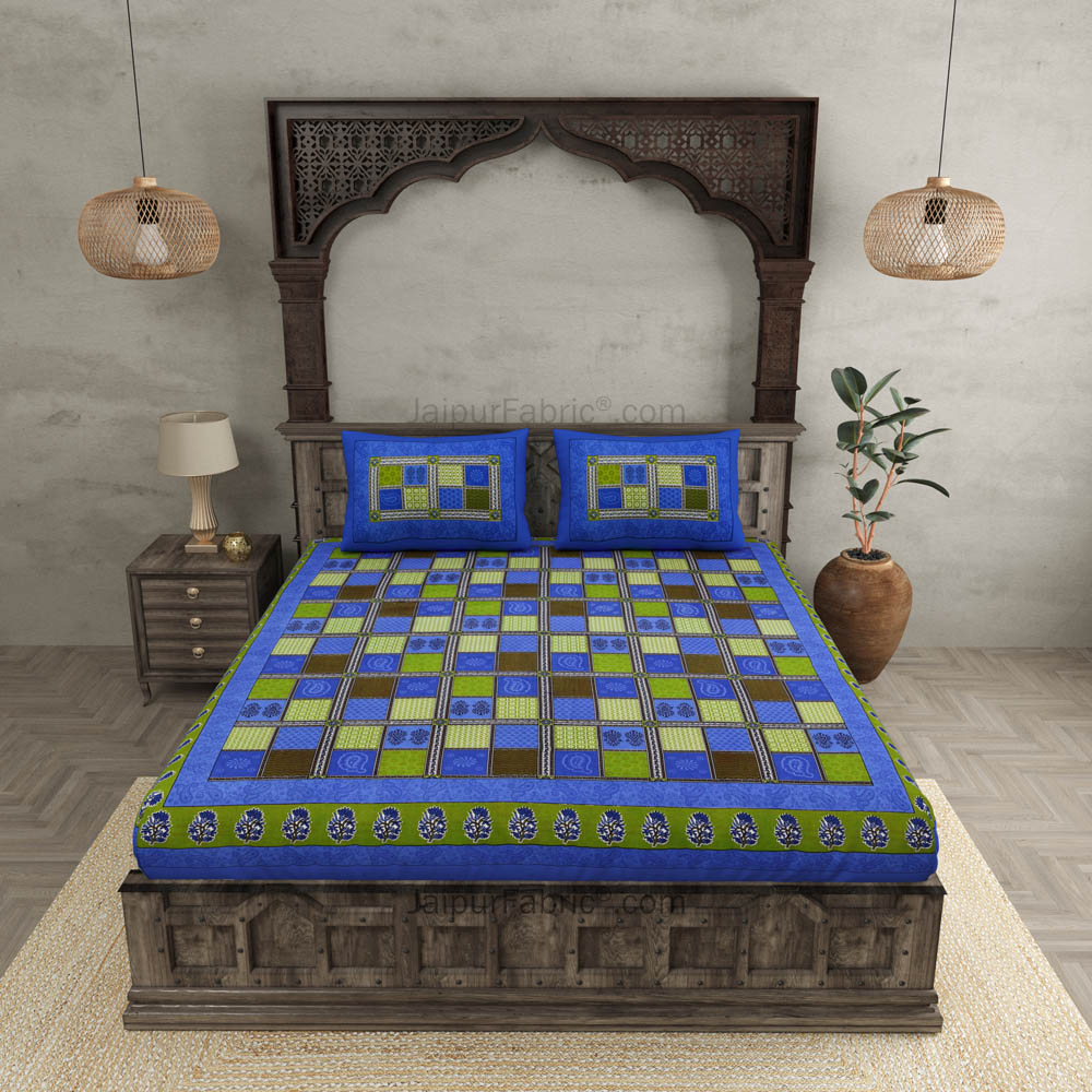 Blue  Border Multicolor Checkered Super fine Cotton Double Bedsheet