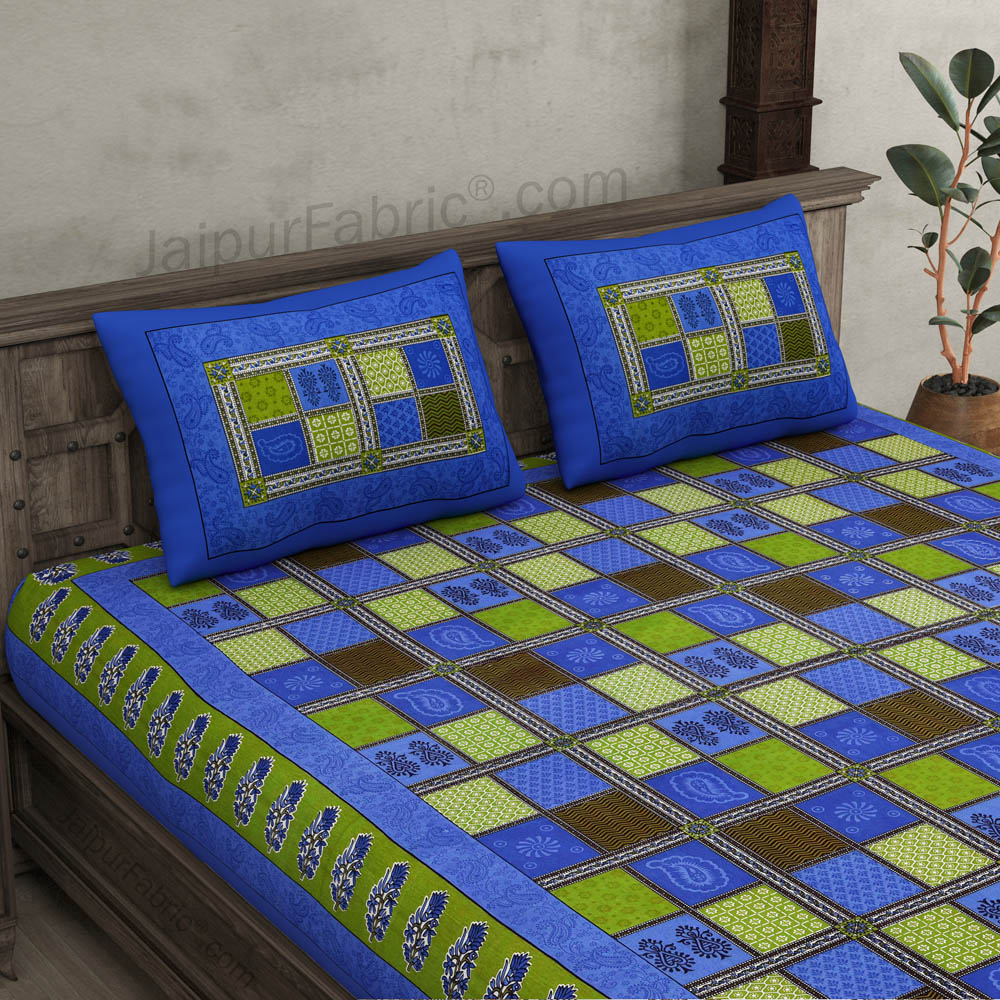 Blue  Border Multicolor Checkered Super fine Cotton Double Bedsheet