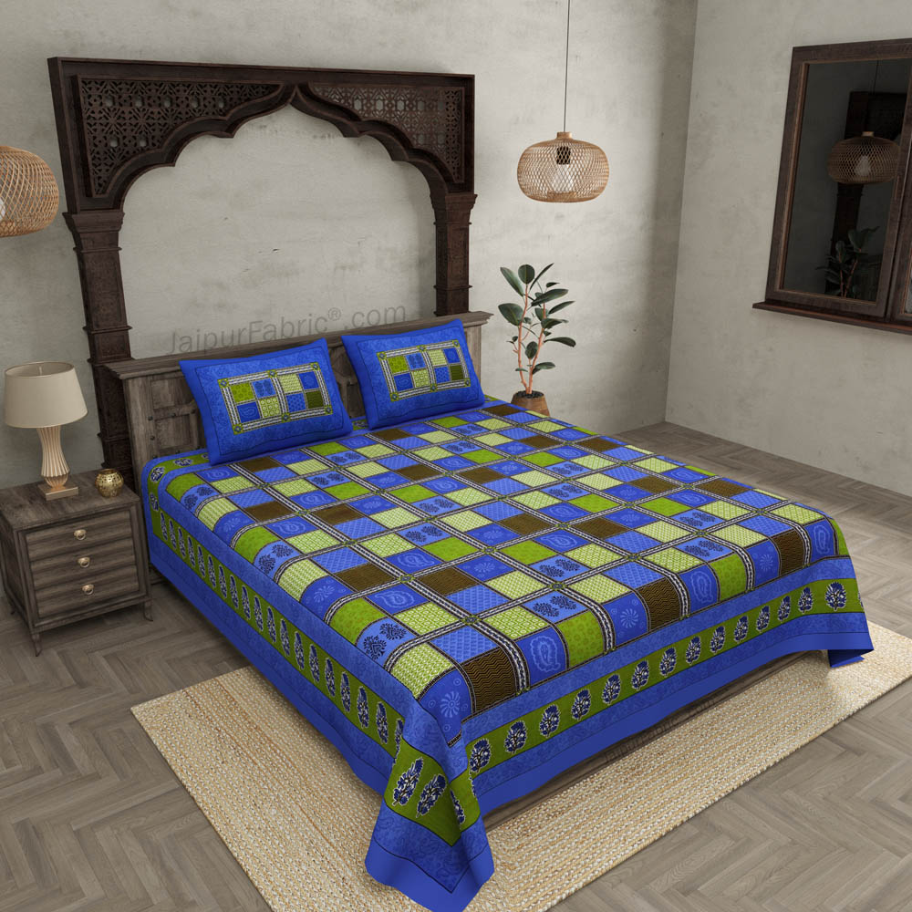 Blue  Border Multicolor Checkered Super fine Cotton Double Bedsheet