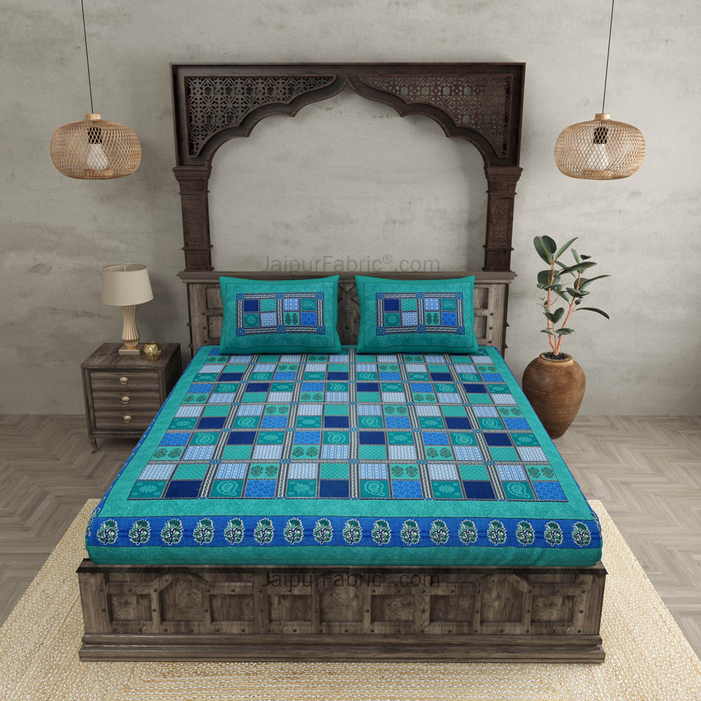 Sea Green  Border Multicolor Checkered Super fine Cotton Double Bedsheet