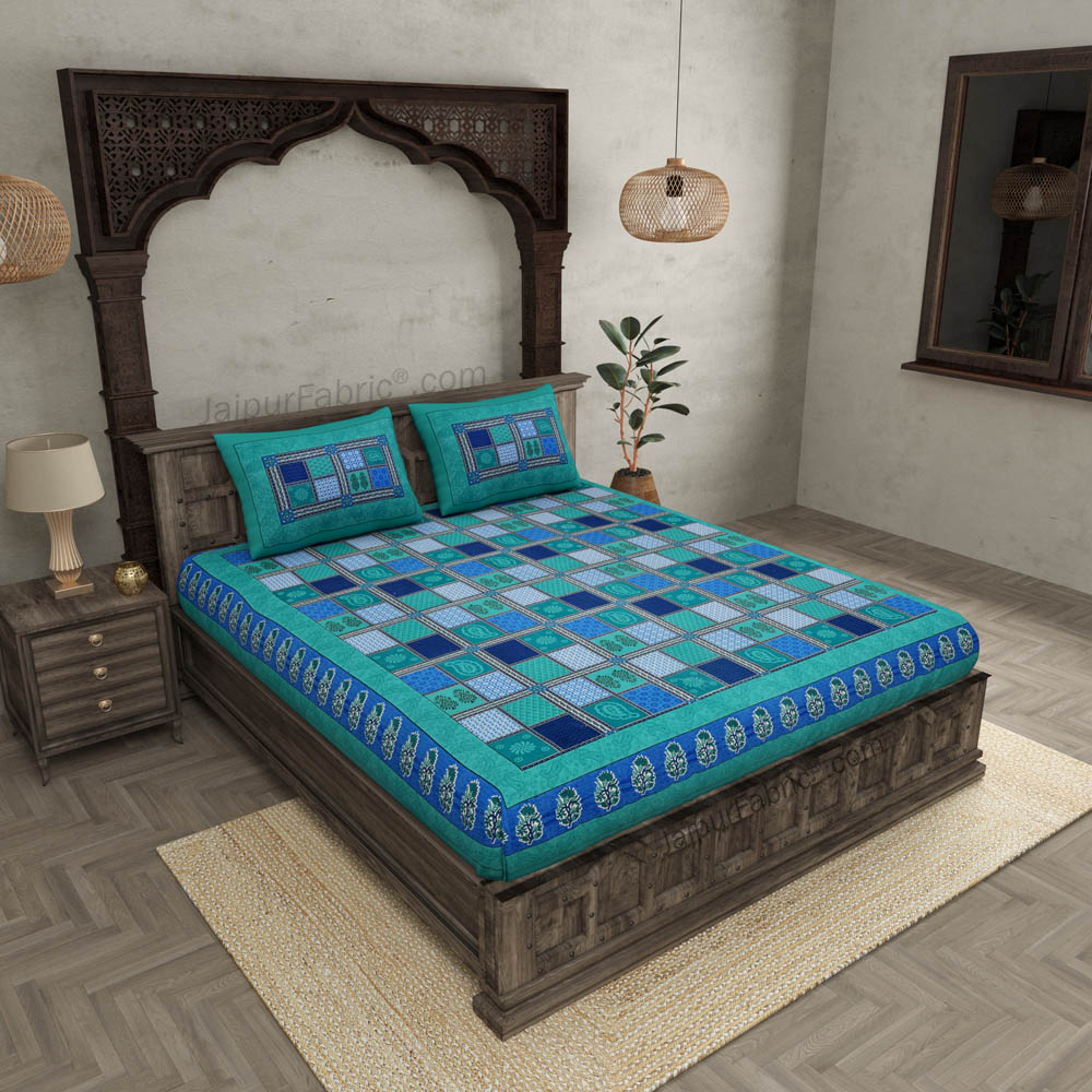 Sea Green  Border Multicolor Checkered Super fine Cotton Double Bedsheet