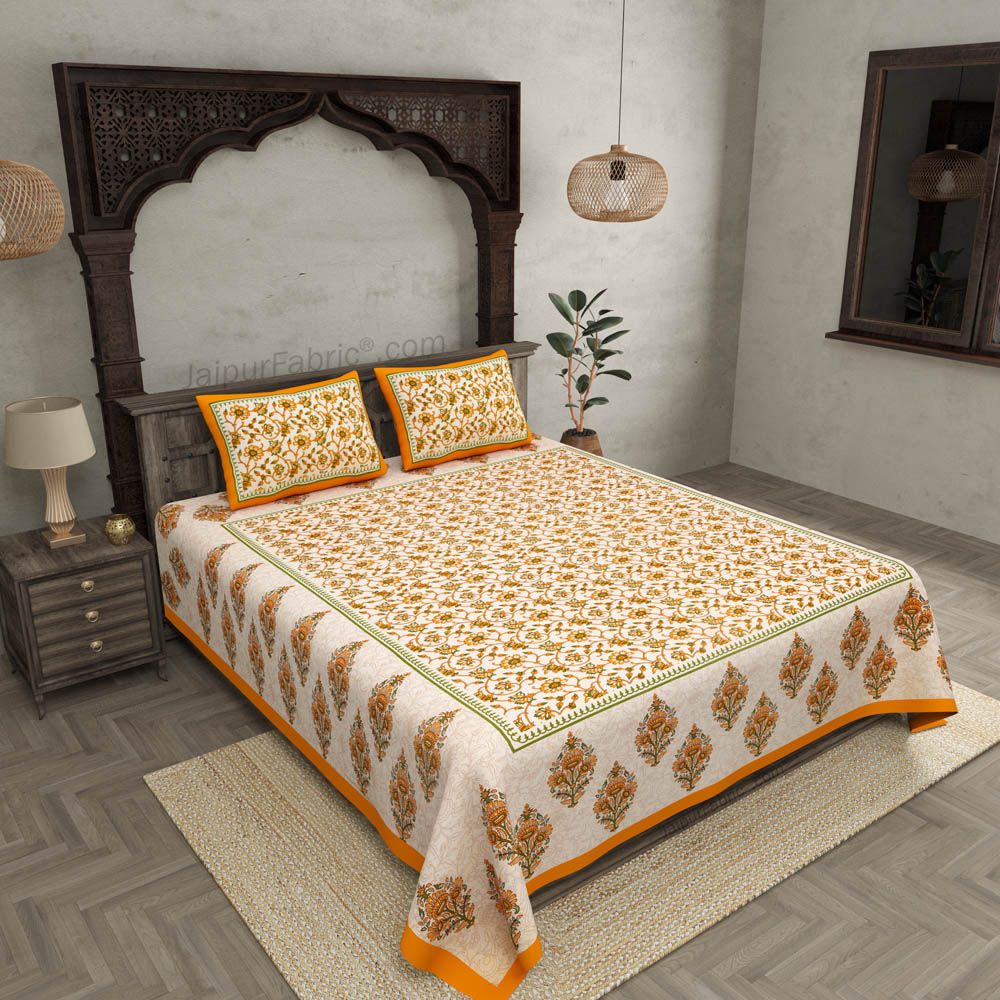 Yellow Border Tropical keri Design Cotton Double Bed Sheet