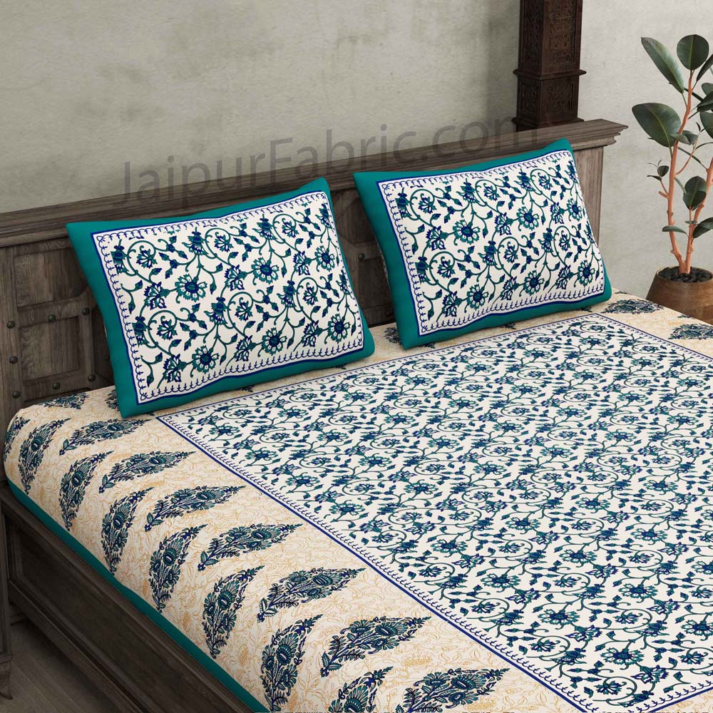 Sea Green  Border Tropical keri Design Cotton Double Bed Sheet