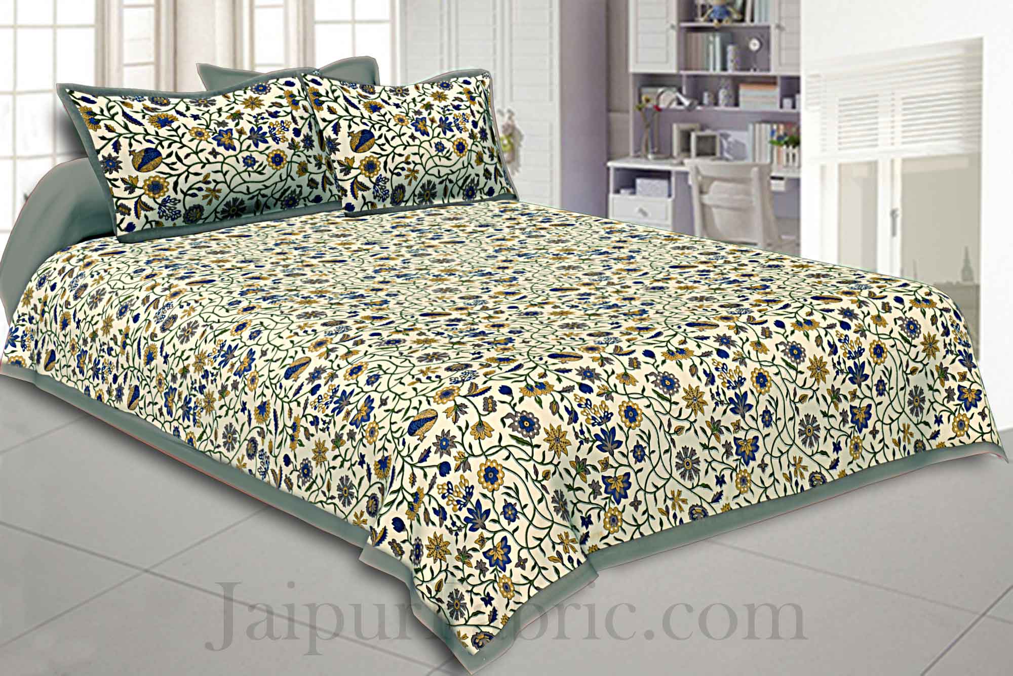 Double bedsheet with Grey Border Branch of   Pomegranate With Two Pillow Cover