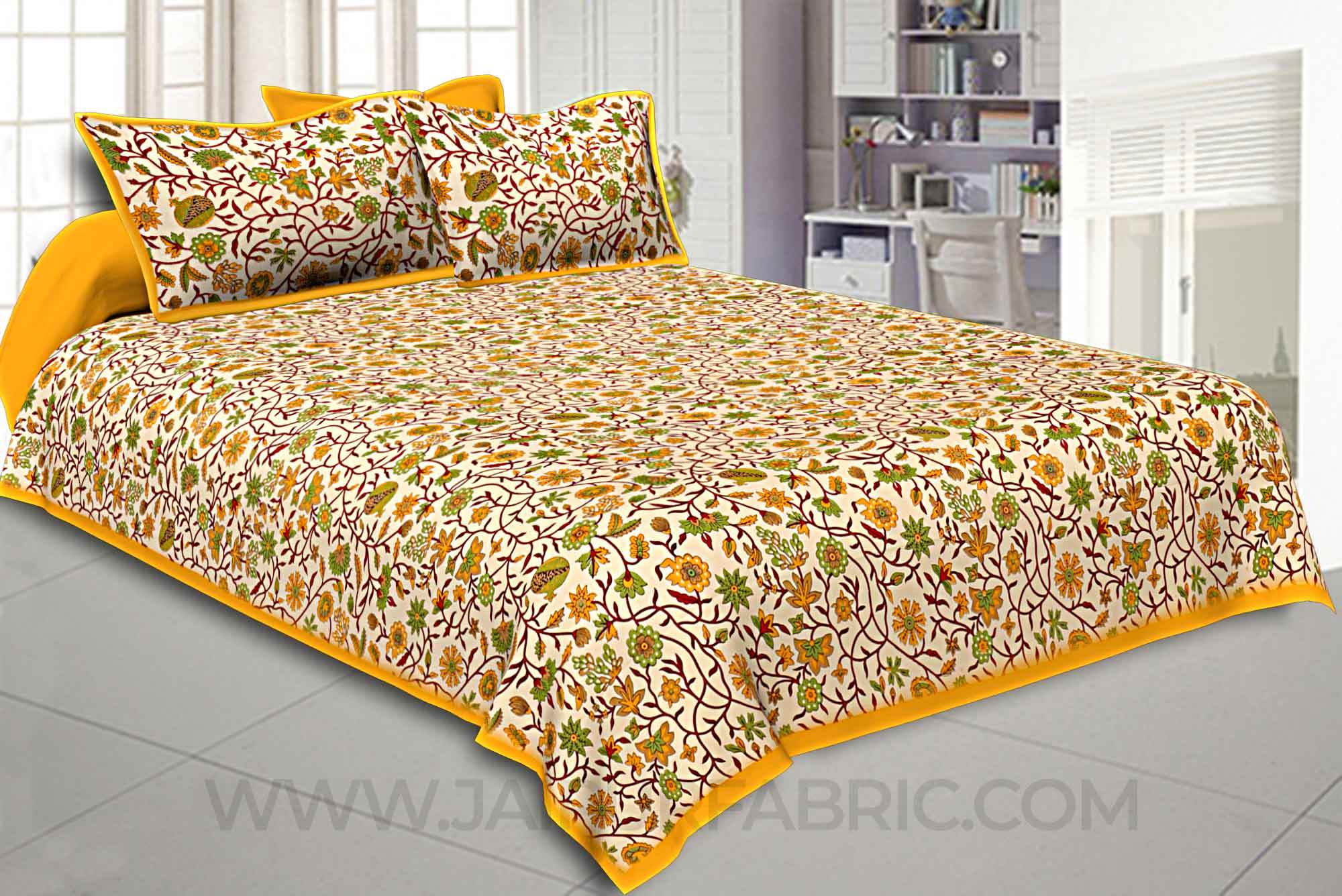 Double Bedsheet With Yellow Branch Of Pomegranate With Two Pillow Cover