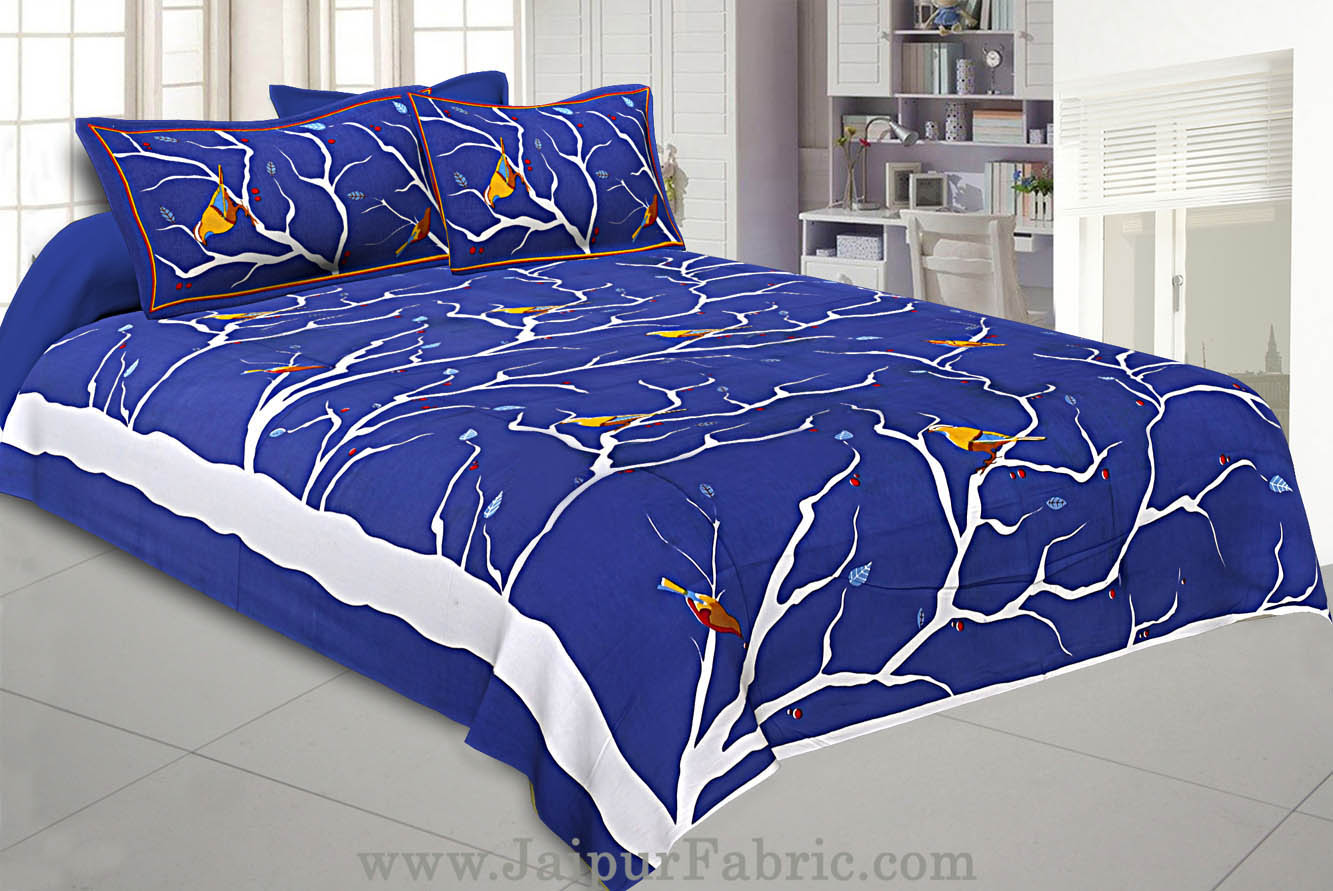 Double Bedsheet Indian Sparrow Blue Color With 2 Pillow covers