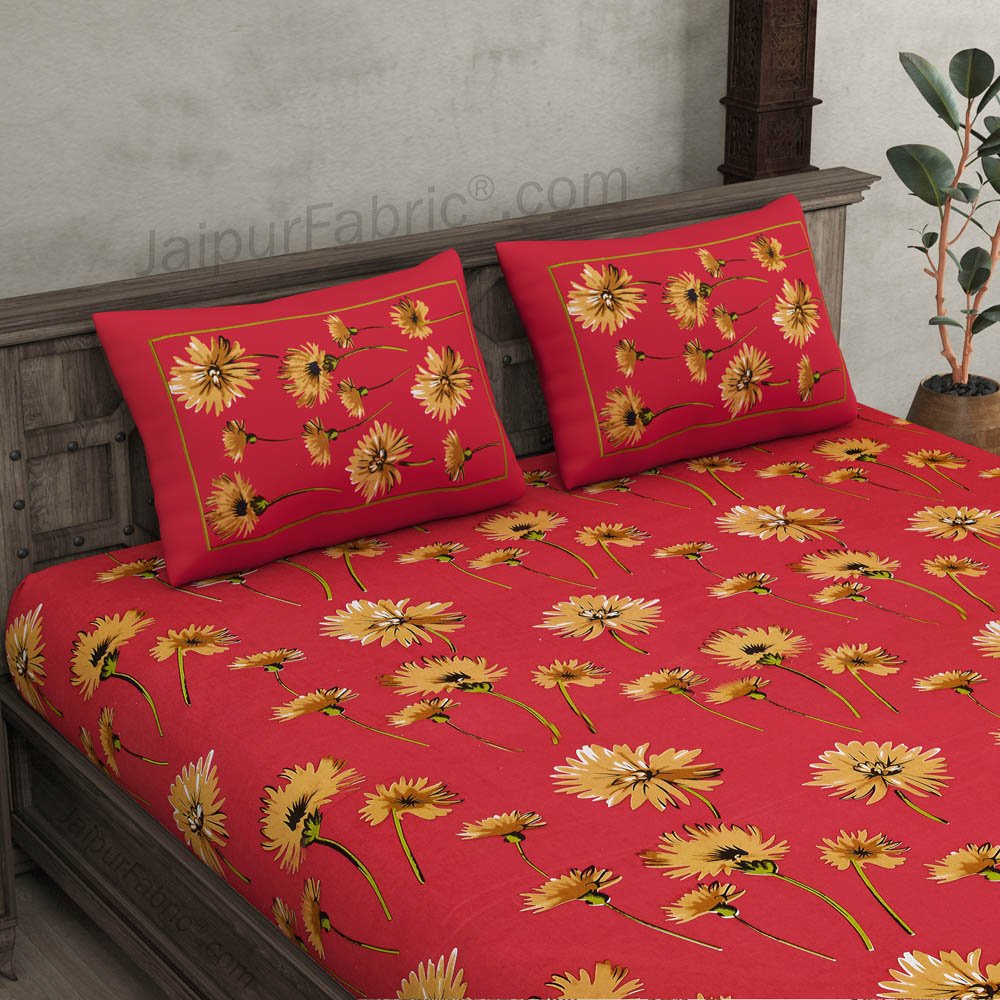 Sun Flower Double Bedsheet Red Color With 2 Pillow covers