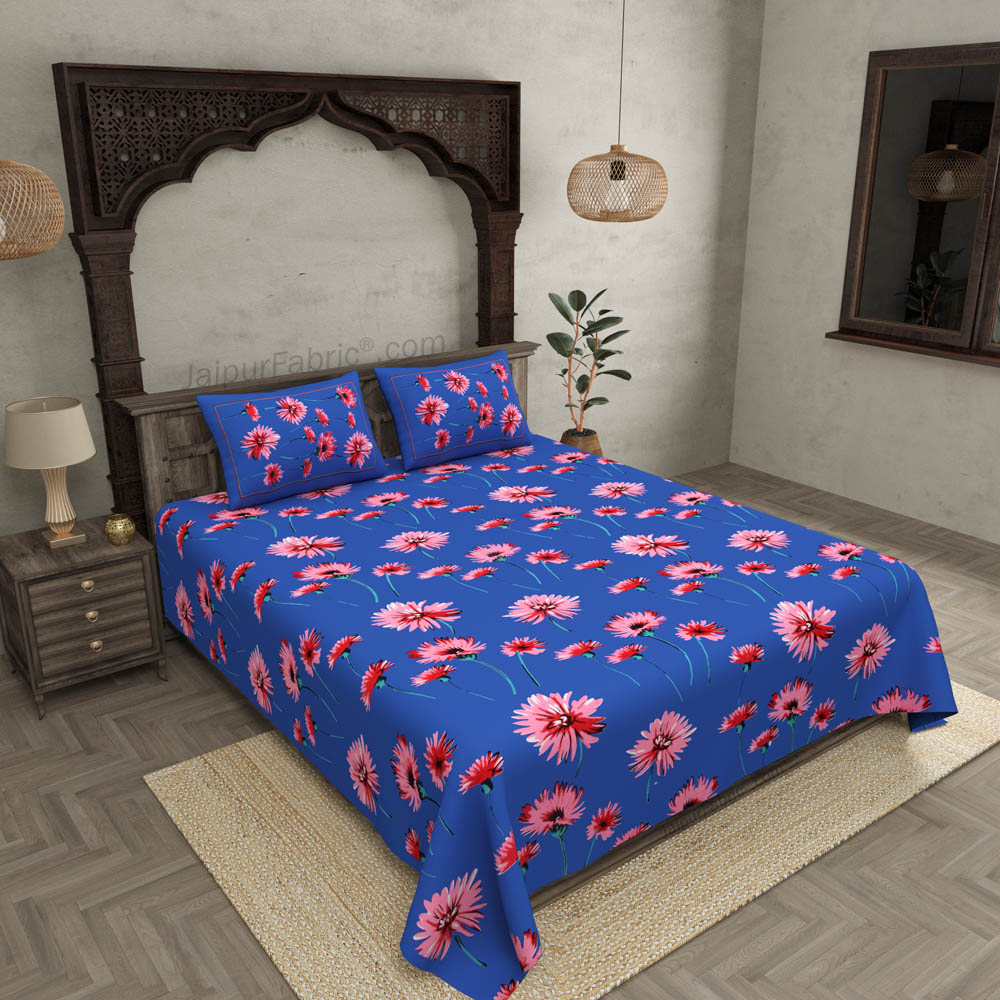 Sun Flower Double Bedsheet Blue Color With 2 Pillow covers