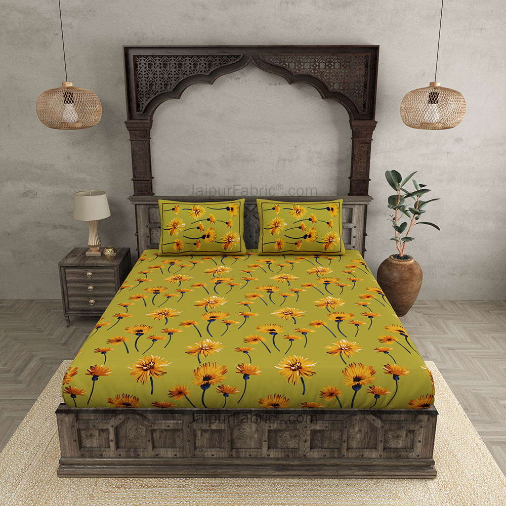 Sun Flower Double Bedsheet Green Color With 2 Pillow covers