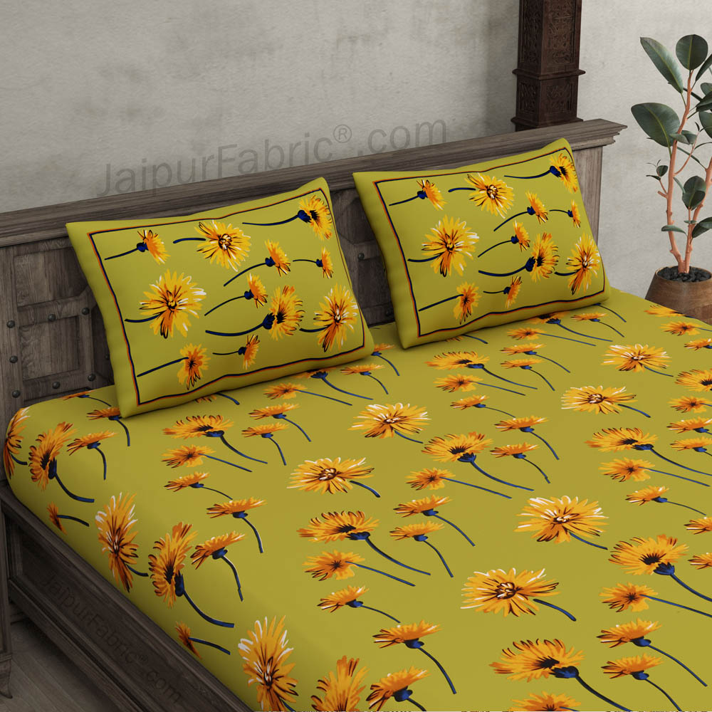 Sun Flower Double Bedsheet Green Color With 2 Pillow covers