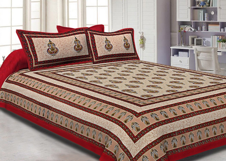 Maroon Border Cream  Base Sanganeri Print Super Fine Cotton Double Bedsheet