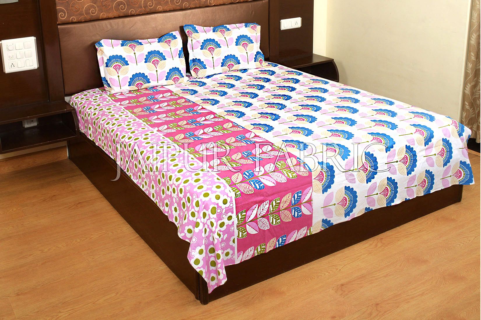 Pink and Blue Floral Print Cotton Double Bed Sheet