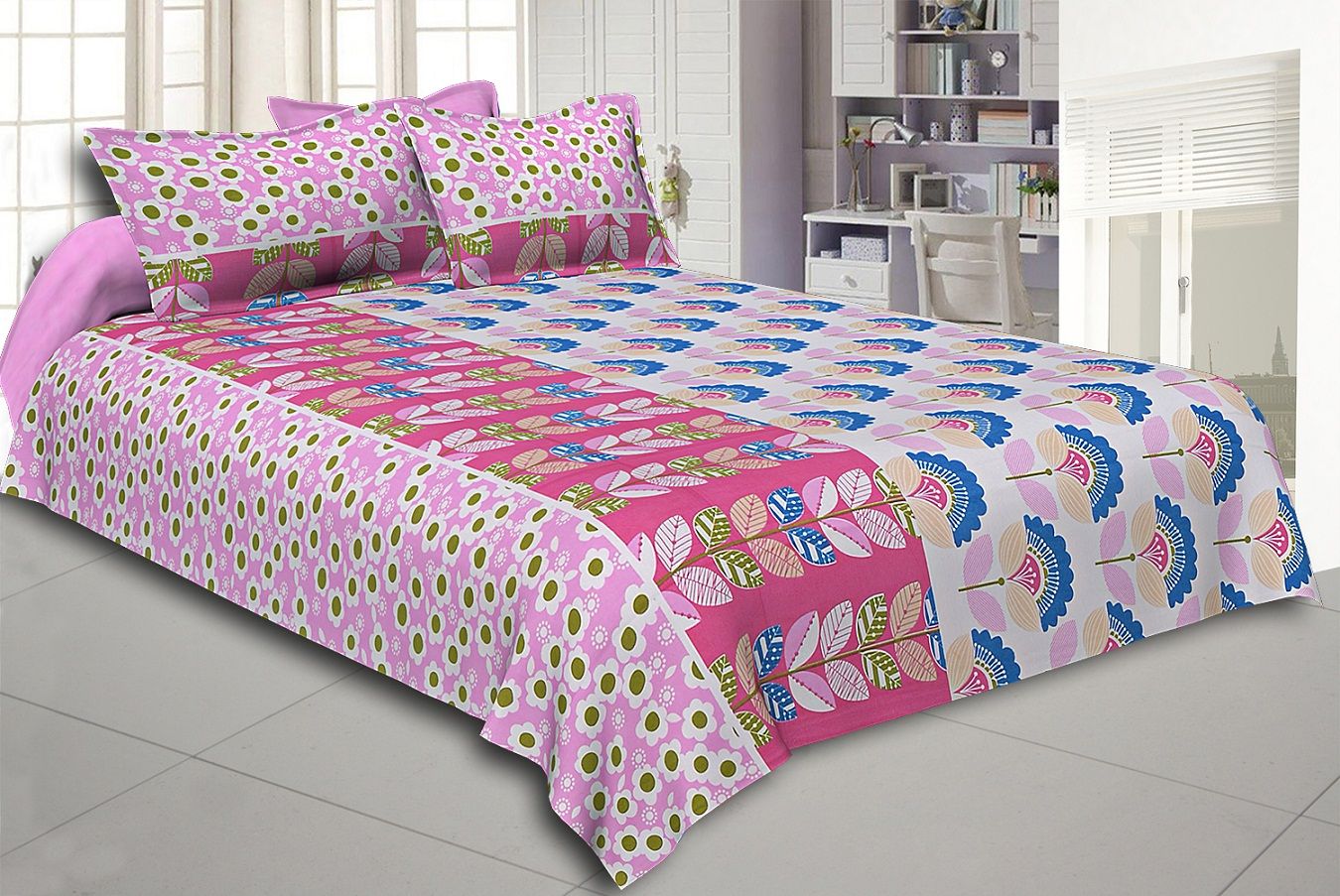 Pink and Blue Floral Print Cotton Double Bed Sheet