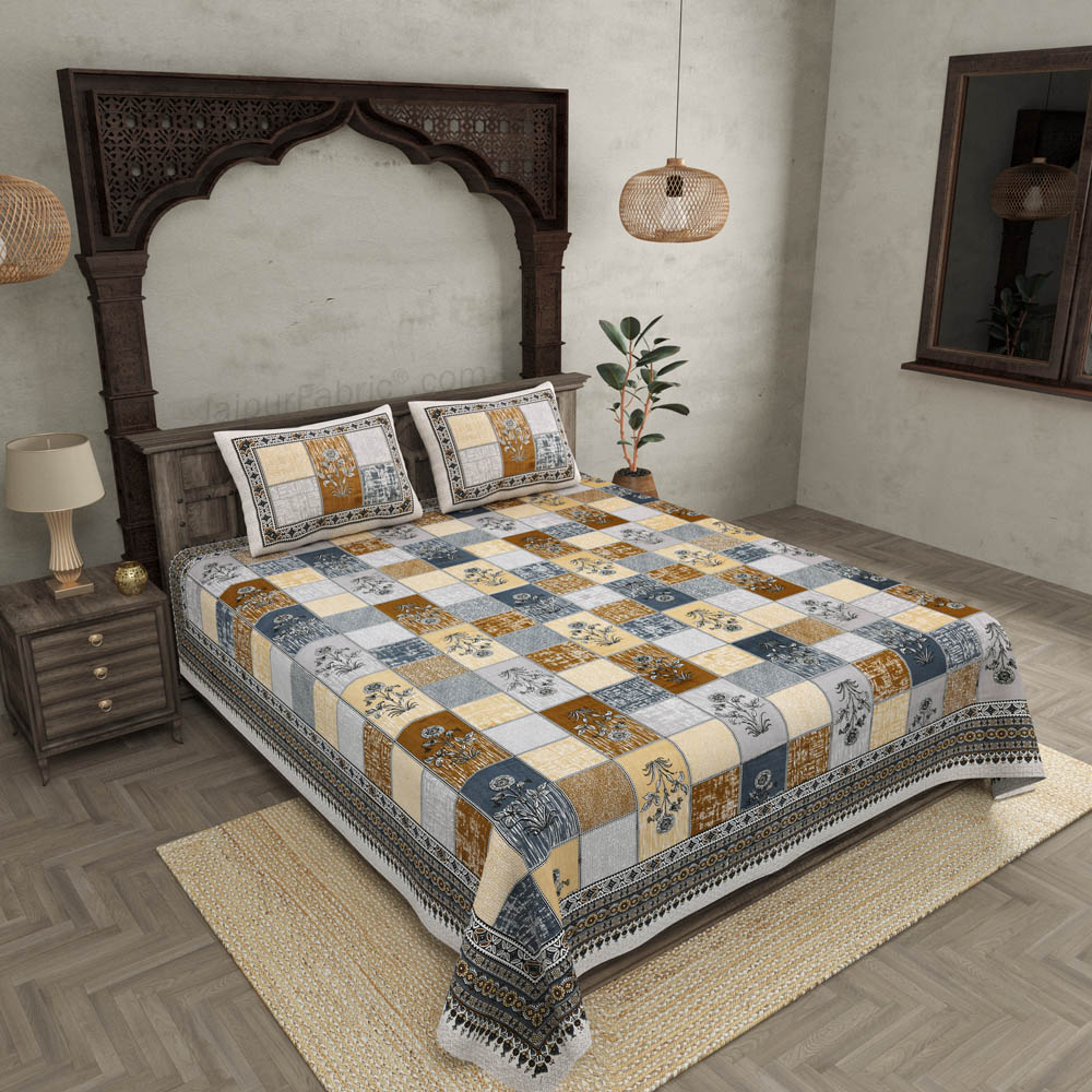 Decorated Squares Grey Cotton Double Bedsheet