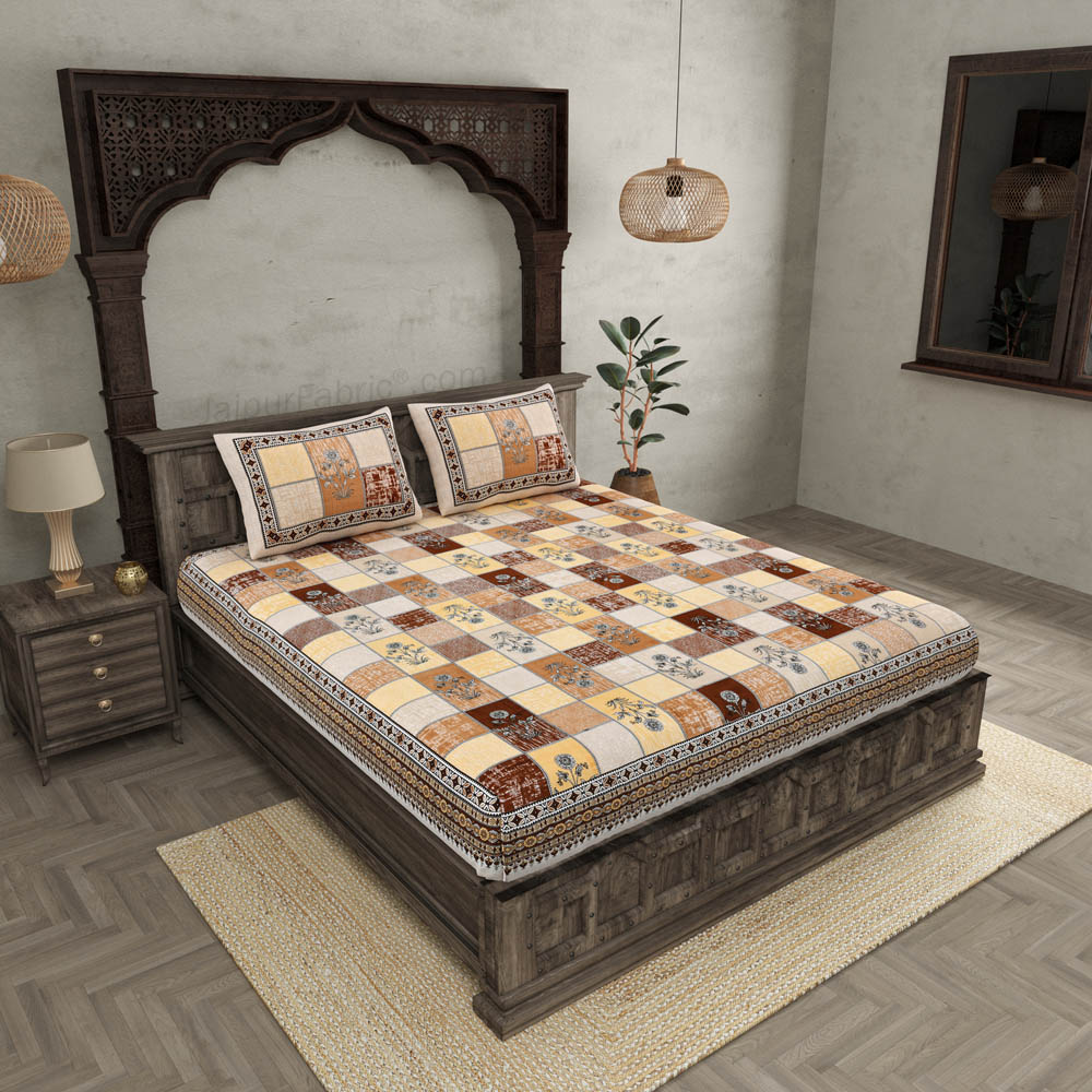 Decorated Squares Brown Cotton Double Bedsheet