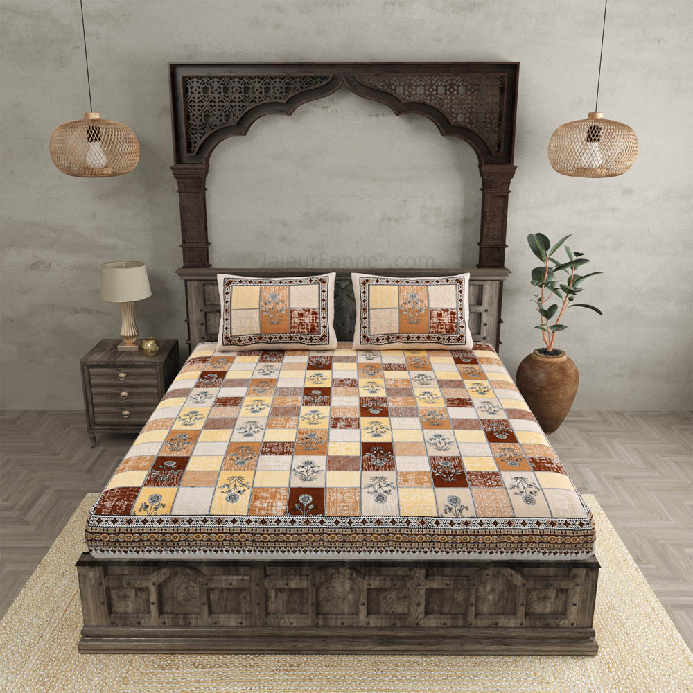 Decorated Squares Brown Cotton Double Bedsheet