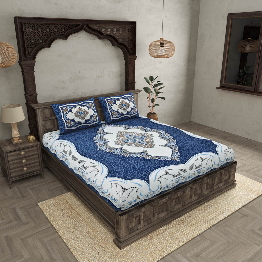 The Grand Sion Blue Cotton Double Bedsheet