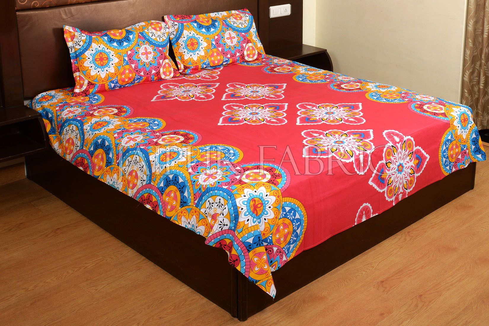 Red Base Multi Color Rangoli Print Cotton Double Bed Sheet