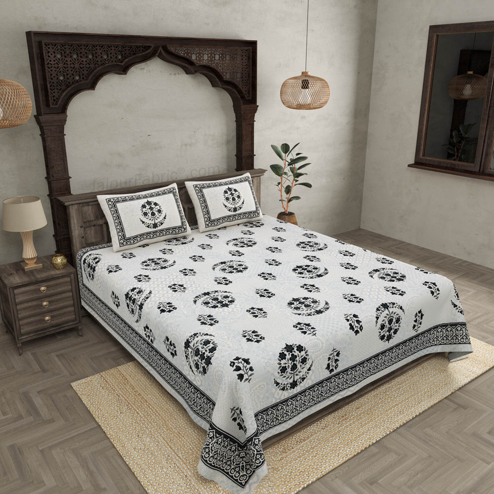 Floral Paradise Grey Cotton Double Bedsheet