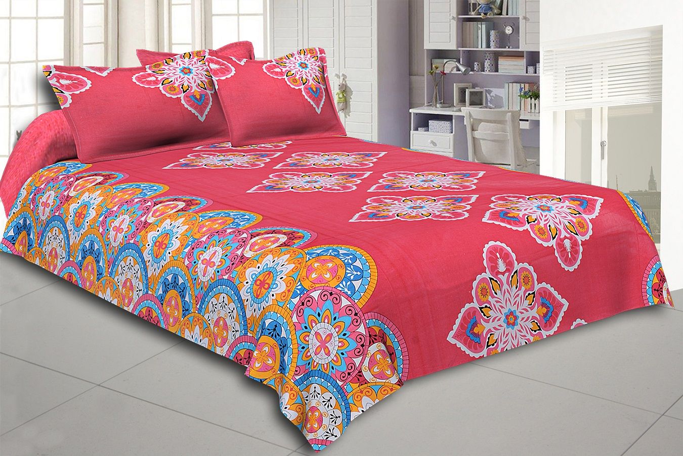 Red Base Multi Color Rangoli Print Cotton Double Bed Sheet