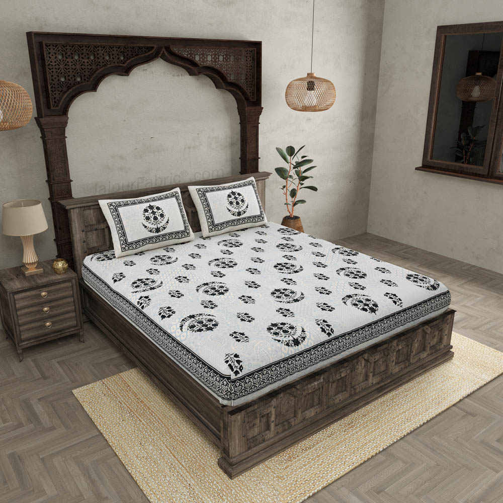 Floral Paradise Grey Cotton Double Bedsheet