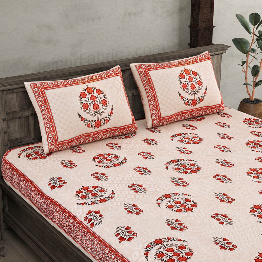 Floral Paradise Peach Cotton Double Bedsheet