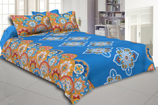 Blue Base Multi Color Rangoli Print Cotton Double Bed Sheet