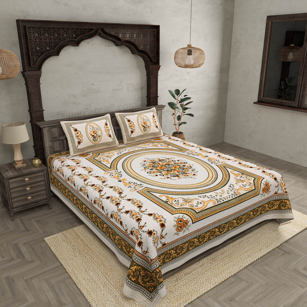 Welcome Ganpati Yellow Cotton Double Bedsheet