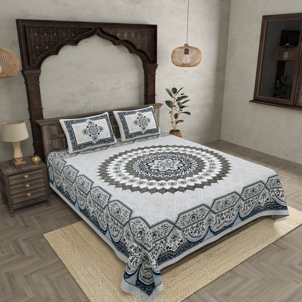 Flowery Mat Grey Cotton Double bedsheet