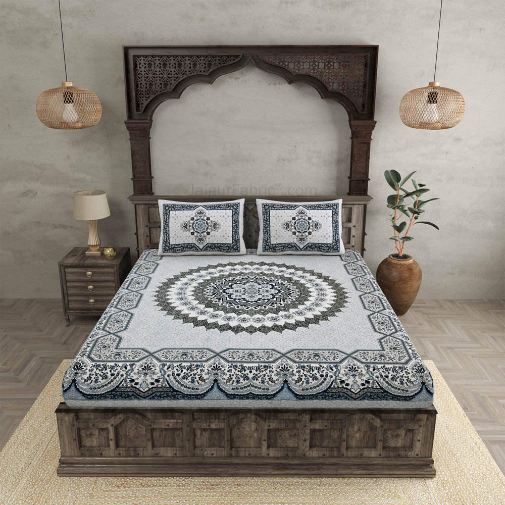 Flowery Mat Grey Cotton Double bedsheet