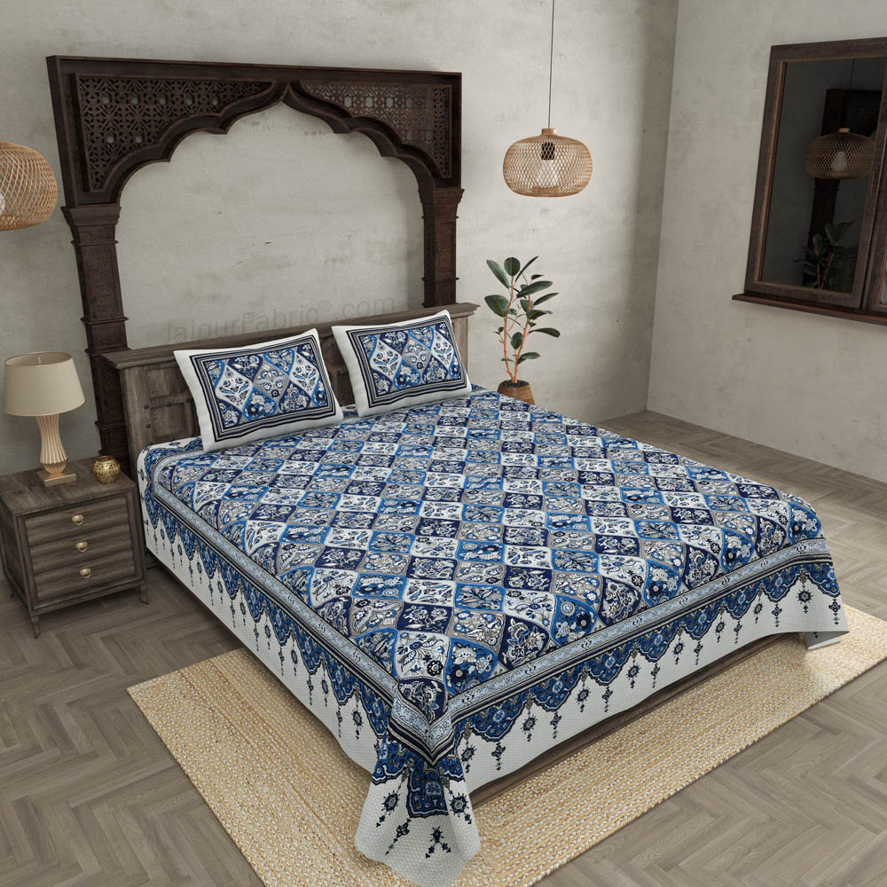 Festival Waves Blue Cotton Double Bedsheet