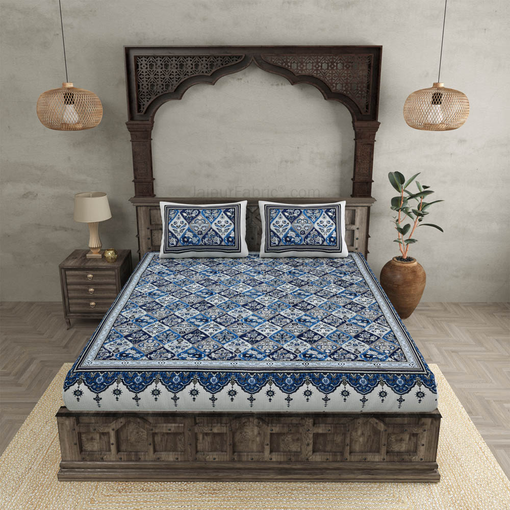 Festival Waves Blue Cotton Double Bedsheet