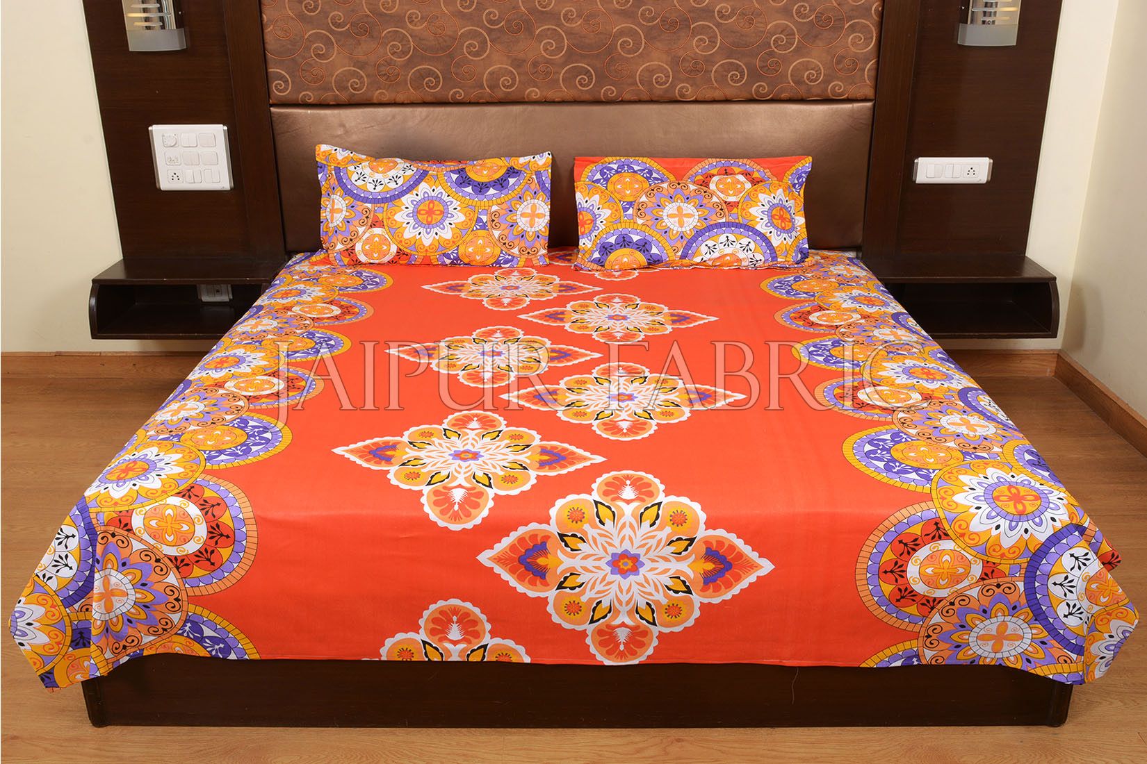 Orange Base Multi Color Rangoli Print Cotton Double Bed Sheet