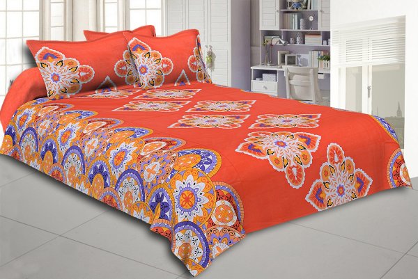 Orange Base Multi Color Rangoli Print Cotton Double Bed Sheet