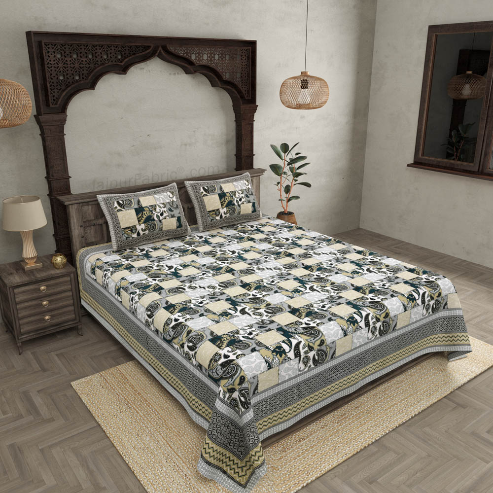 The Paisley Fashion Grey Cotton Double bedsheet