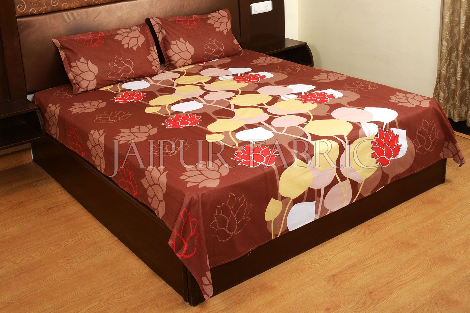 Brown Base Floral Print Designer Cotton Double Bed Sheet