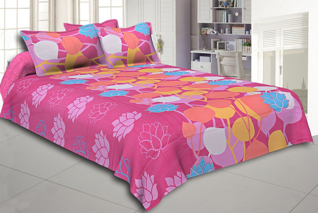 Pink Base Floral Print Designer Cotton Double Bed Sheet