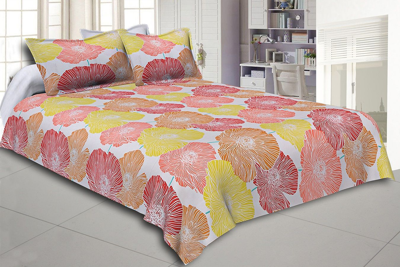 Yellow and Orange Floral Designer Cotton Double Bed Sheet