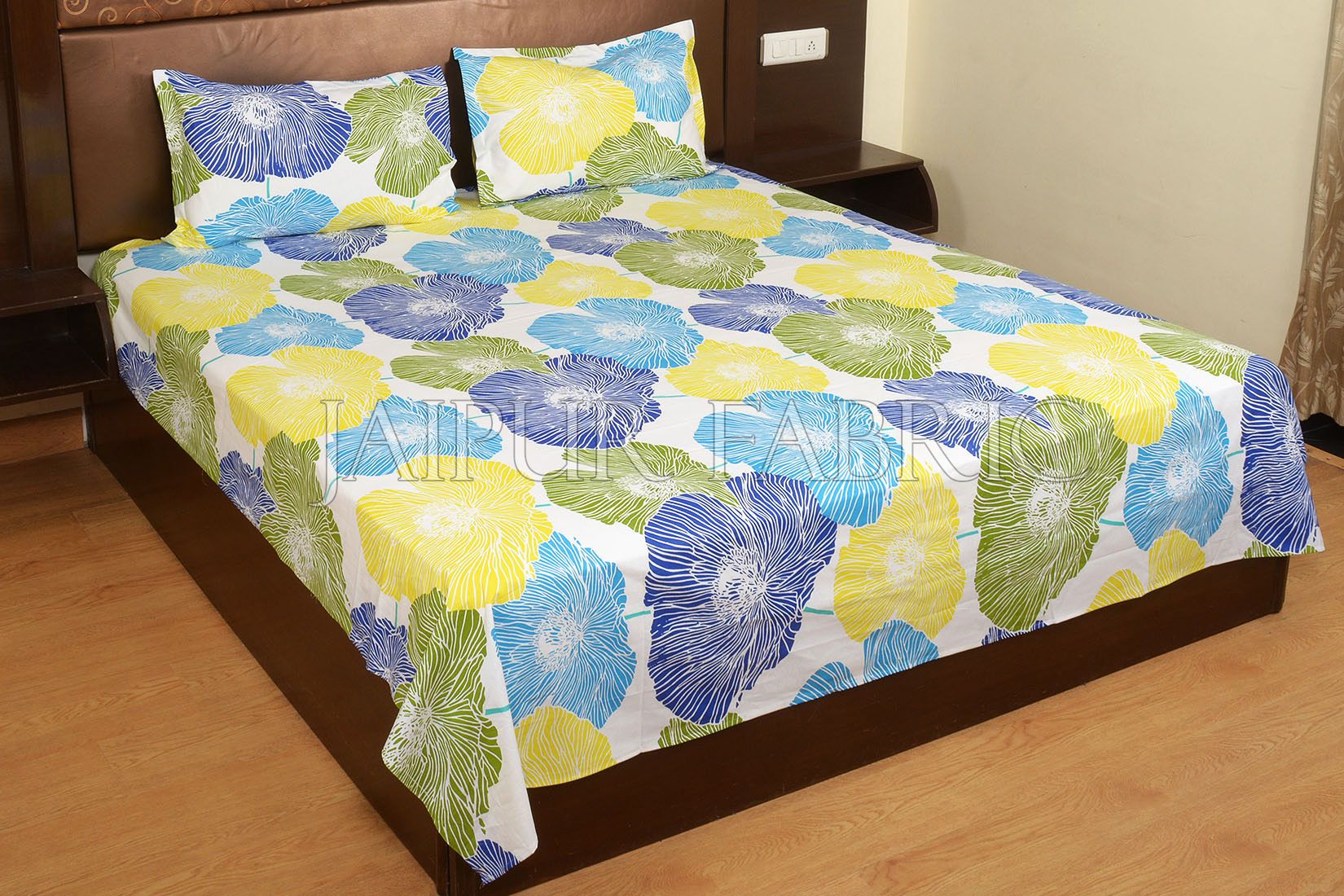 Yellow and Blue Floral Designer Cotton Double Bed Sheet