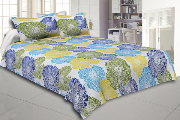 Yellow and Blue Floral Designer Cotton Double Bed Sheet