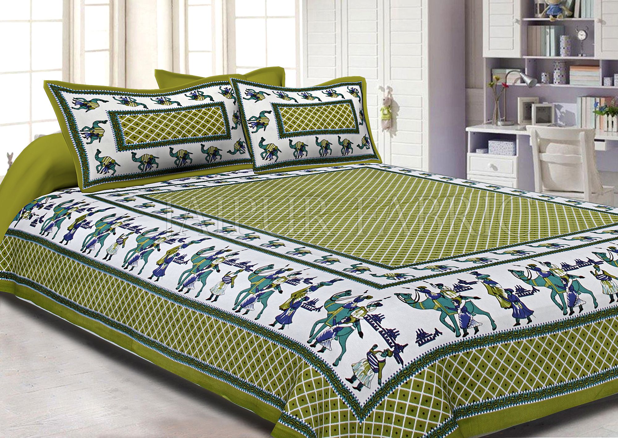 Green Border Fat Wedding Print Cotton Double Bed Sheet