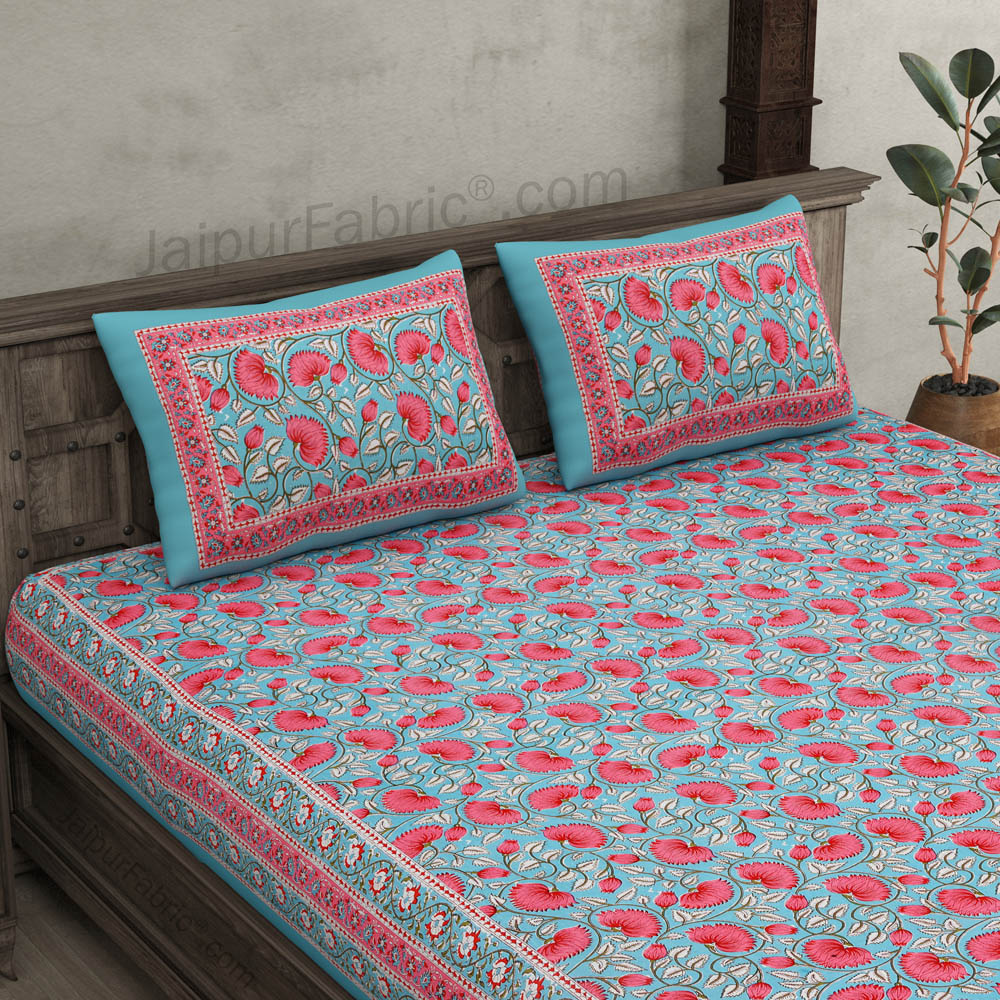 Lush Lotus Blue Double Bedsheet