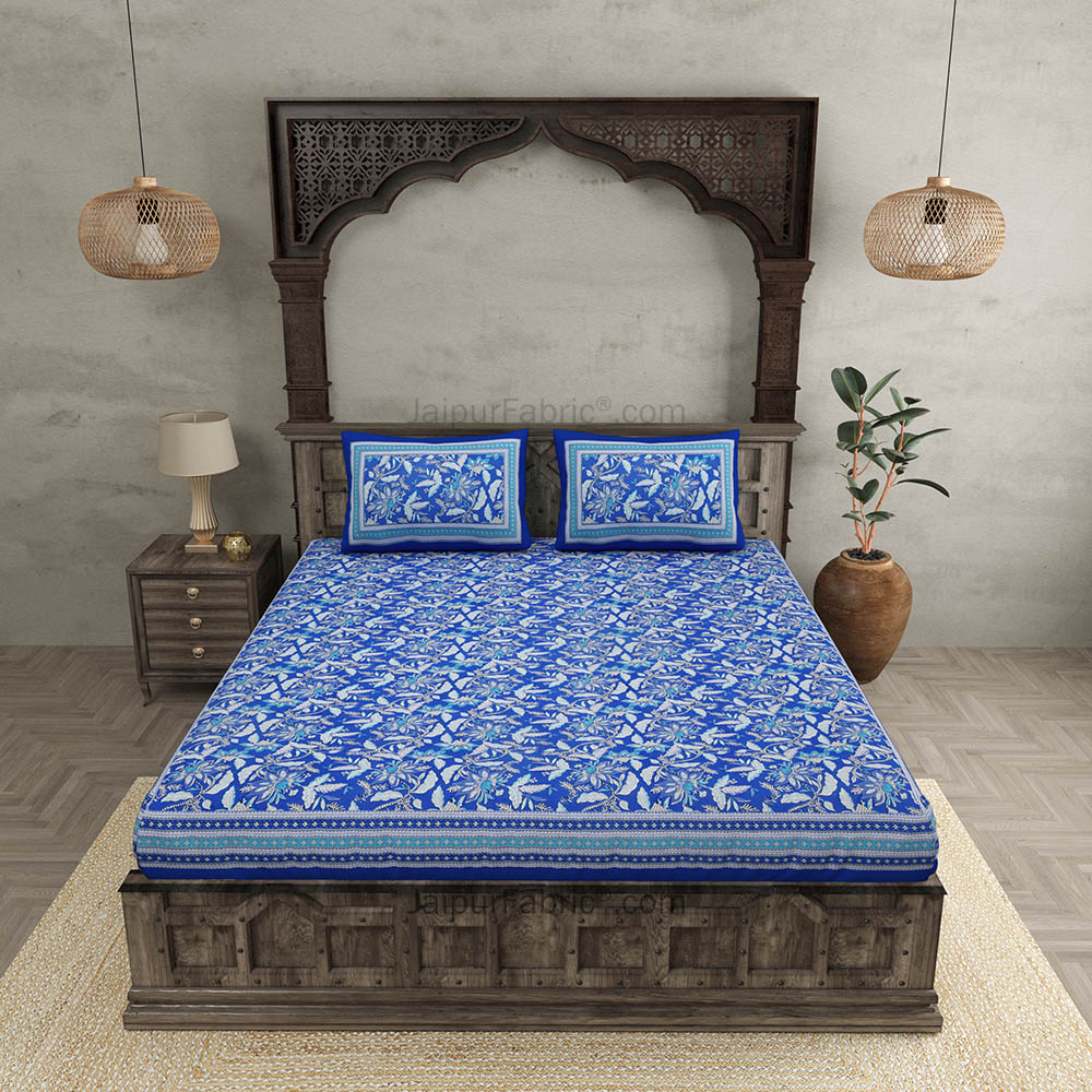 Ferns Petals Blue Double Bedsheet