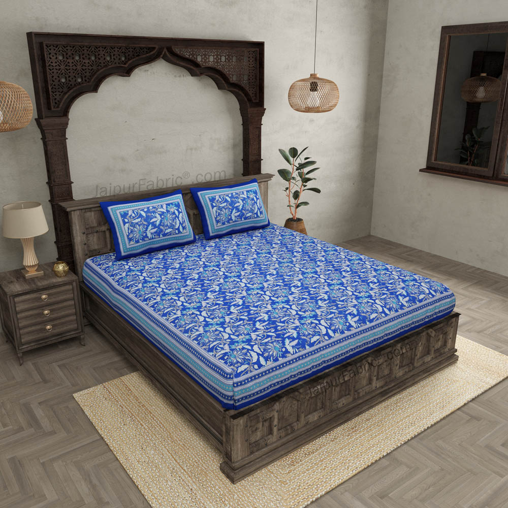 Ferns Petals Blue Double Bedsheet